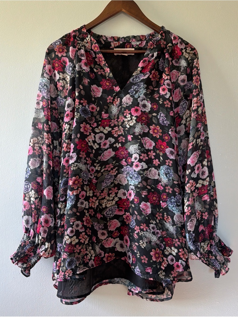 Philosophy Black Chiffon Blouse with Pink Floral Print